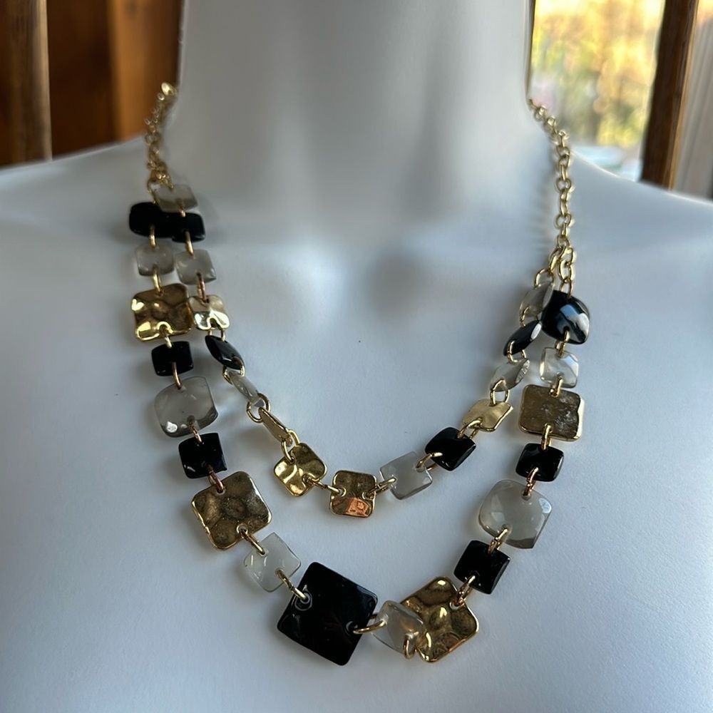 Black Clear Gold Two Layer Statement Necklace Faceted Beads Adjustable Chain